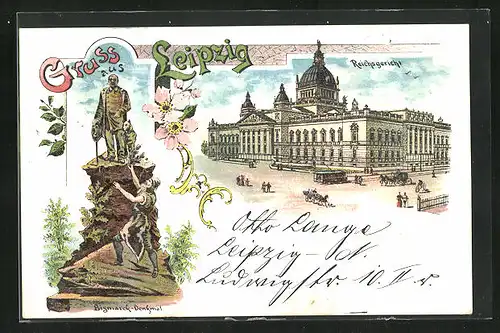 Lithographie Leipzig, Reichsgericht, Bismarck-Denkmal