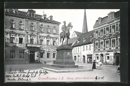 AK Crimmitschau i. S., Hotel Vereinshof und König Albert-Denkmal