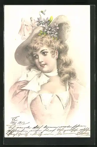 Lithographie Elegante Dame mit Veilchen am Hut, Jugendstil