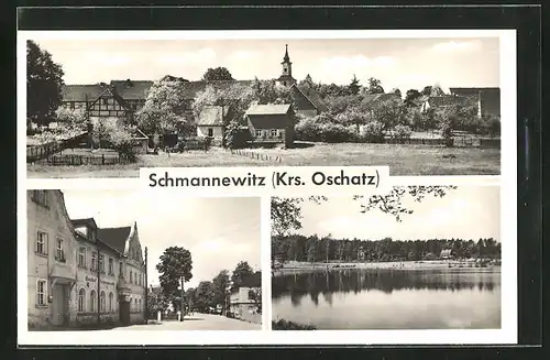 AK Schmannewitz /Krs. Oschatz, Strassenpartie mit Gasthaus Schmannewitz, Ortspartie mit Kirche, Uferpartie