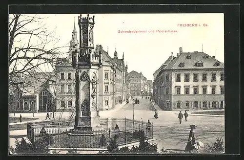 AK Freiberg i. Sa., Schwedendenkmal und Petersstrasse