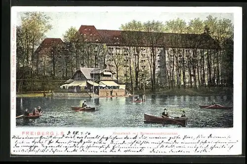 AK Freiberg i. S., Kreuzteich mit Schwanenschlösschen und Booten