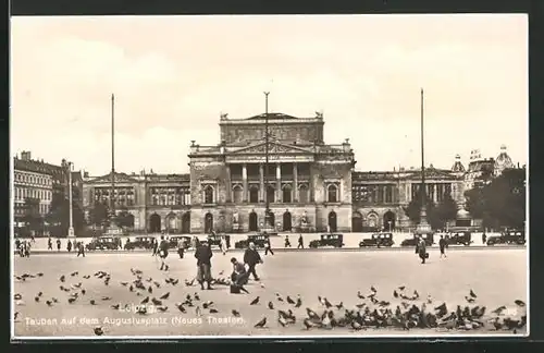 AK Leipzig, Tauben auf dem Augustusplatz, Neues Theater