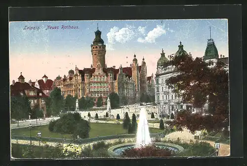 AK Leipzig, Neues Rathaus mit Fontäne