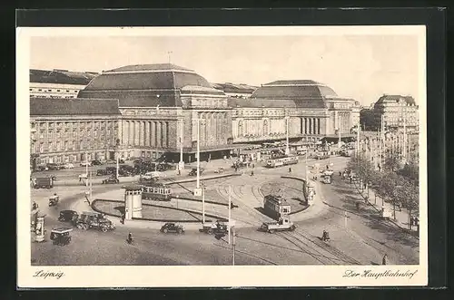 AK Leipzig, Der Hauptbahnhof mit Strassenbahnen
