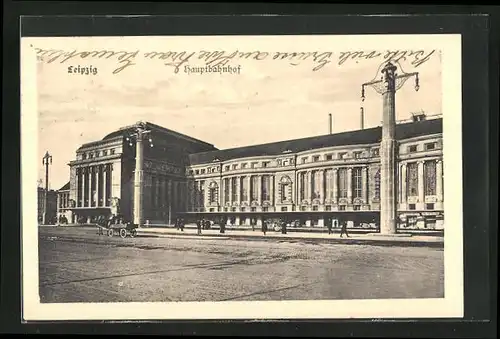 AK Leipzig, Hauptbahnhof mit Pferdewagen