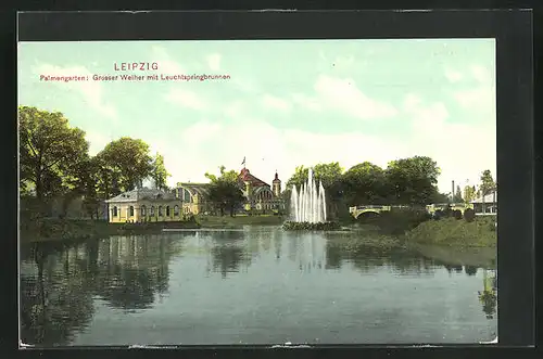 AK Leipzig, Grosser Weiher mit Leuchtspringbrunnen im Palmengarten