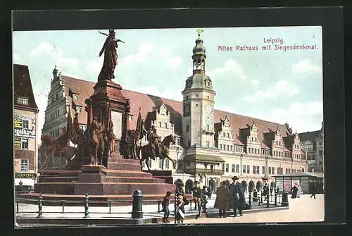 AK Leipzig, Altes Rathaus mit Siegesdenkmal