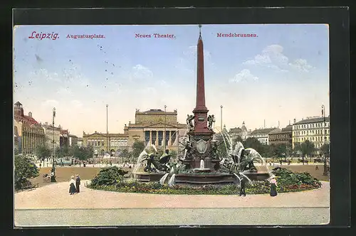 AK Leipzig, Augustusplatz, Neues Theater, Mendebrunnen