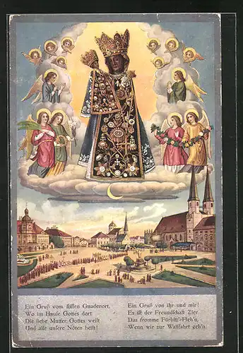 AK Altötting, Ortspartie mit Kirche, Madonnaabbildung