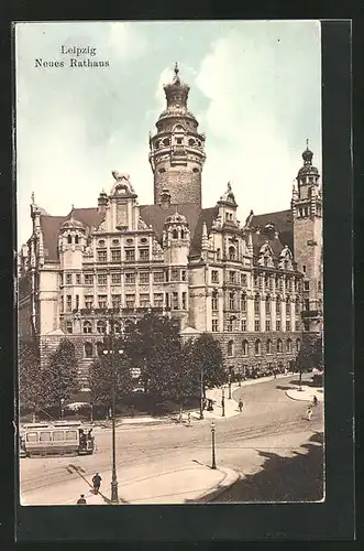 AK Leipzig, Rathaus mit Strassenbahn