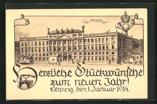 AK Leipzig, Hauptpost mit Schriftzug zum neuen Jahr 1914