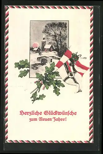 AK Ortspartie mit Kirche im Winter, Fahnen und Eichenblätter, Neujahrsgruss