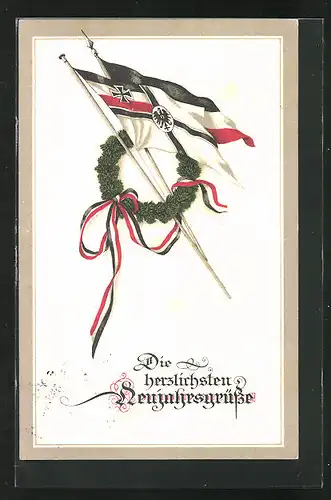 AK Kranz mit Fahnen und Fahnenband, Neujahrsgruss