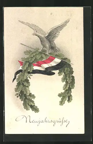 AK Adler mit Fahne auf Eichenkranz, Neujahrsgruss