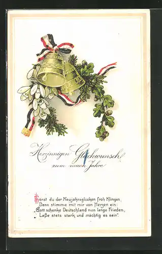 Präge-AK Tannenzweig mit Glocken und Fahnenband, Neujahrsgruss
