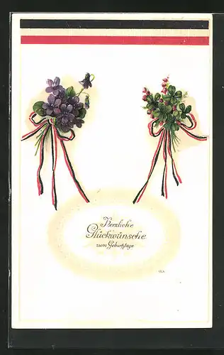 Präge-AK Blumenstrauss und Klee mit Fahnenbändern, Geburtstagsgruss