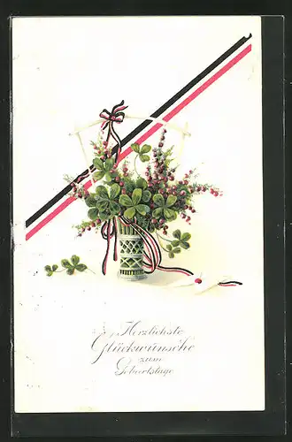 Präge-AK Kleeblätter mit Fahnenband und Kuvert, Geburtstagsgruss