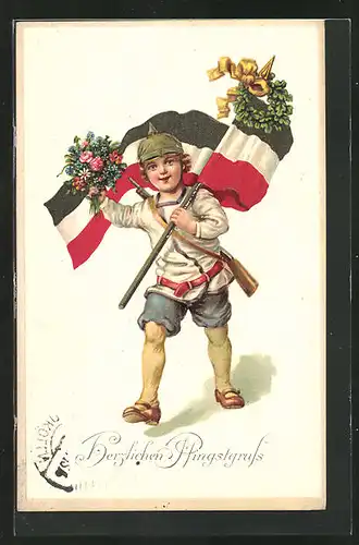 AK Pfingstgruss mit kleinem Soldat mit Pickelhaube