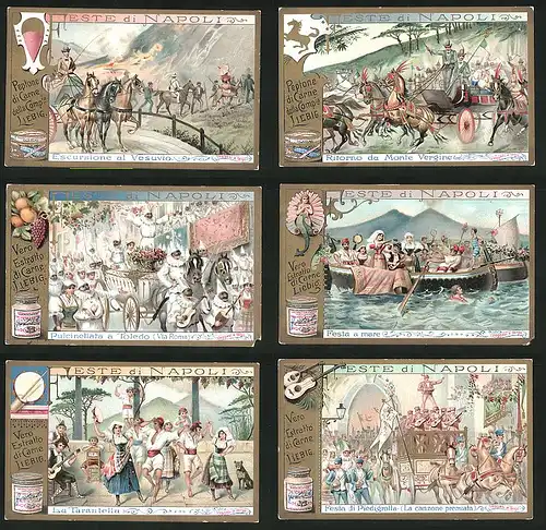 6 Sammelbilder Liebig, Serie Nr. 626: Feste di Napoli, Festa di Piedigrotta, La Tarantella, Festa a mare