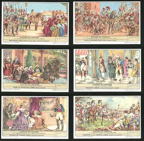 6 Sammelbilder Liebig, Serie Nr. 1653: Histoire de L`Espagne, Philippe, Marie-Christine, Tunis, Naples