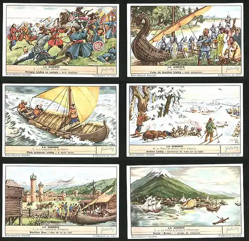 6 Sammelbilder Liebig, Serie Nr. 1676: La Siberie, Burg, Schiff, Bär, Sturm, Ritter, Bogen, Schlacht