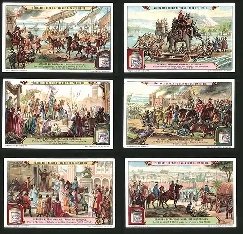 6 Sammelbilder Liebig, Serie Nr. 1162: Grandes Expéditions Militaires Historiques, Breslau, Arabes, Elephant, Schiffe