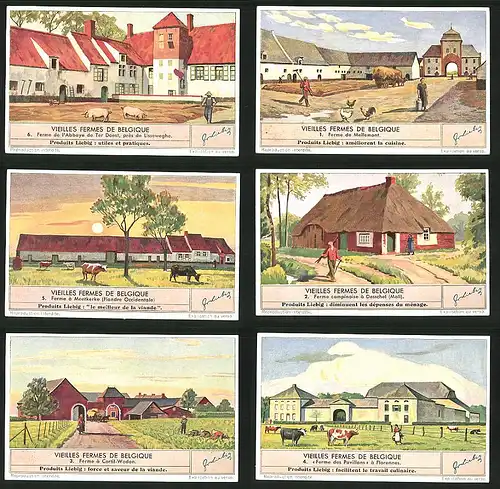 6 Sammelbilder Liebig, Serie Nr. 1425: Vieilles fermes de Belgique, Florennes, Desschel, Mellemont, Schweine