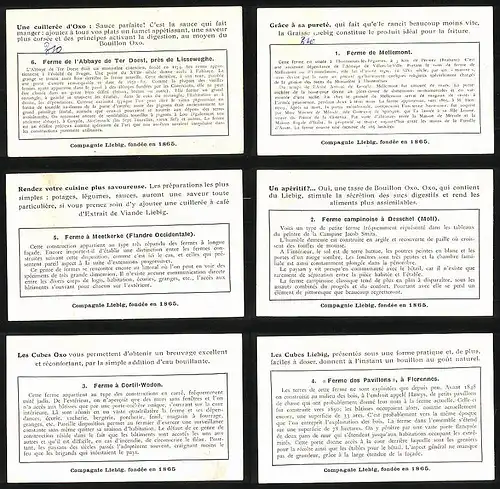 6 Sammelbilder Liebig, Serie Nr. 1425: Vieilles fermes de Belgique, Florennes, Desschel, Mellemont, Schweine