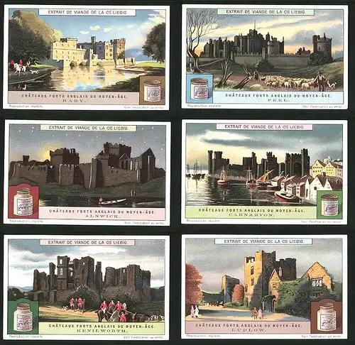 6 Sammelbilder Liebig, Serie Nr. 1190: Châteaux forts anglais du Moyen-Âge, Ludlow, Kenilworth, Carnarvon, Alnwick