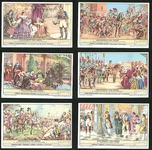 6 Sammelbilder Liebig, Serie Nr. 1658: Geschiedenis van Spanje, Samenkomst te Bayonne, Gonzalvo, Karel V, Tunis