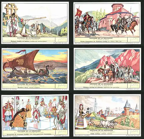 6 Sammelbilder Liebig, Serie Nr. 1745: Histoire de la Roumanie, König, Viehzucht, Schiff, Ritter, Fernrohr