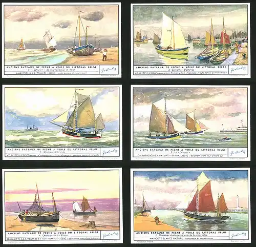 6 Sammelbilder Liebig, Serie Nr. 1583: Anciens Bateaux de Peche a voile du Littoral Belge, Schiffe, Hafen, Ostende
