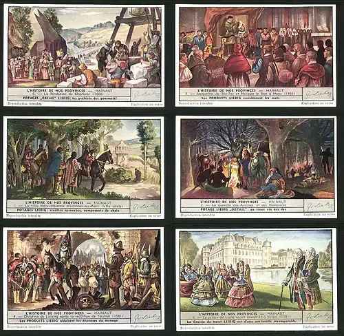 6 Sammelbilder Liebig, Serie Nr. 1524: L`Histoire de nos Provinces Hainaut, Joseph II., Turnier, König, Feuer