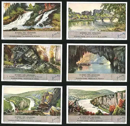 6 Sammelbilder Liebig, Serie Nr. 1398: Riviéres des Ardennes, La Semois á Bouillon, La Meuse aux Rochers de Frênes