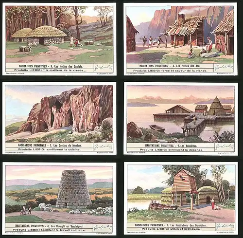 6 Sammelbilder Liebig, Serie Nr. 1412: Habitations Primitives, Les Habitations des Germains, Les Nuraghi en Sardaigne