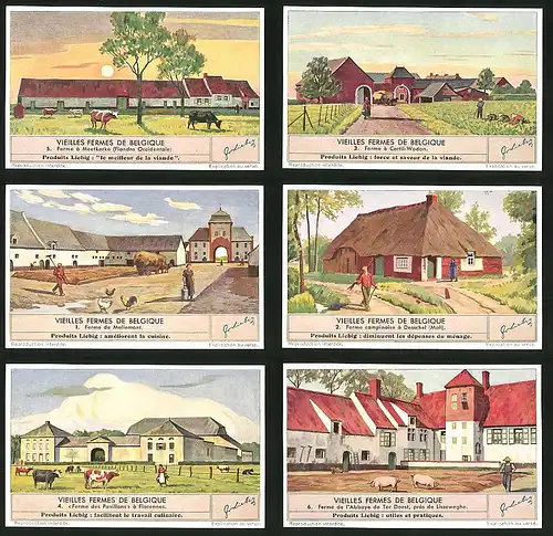 6 Sammelbilder Liebig, Serie Nr. 1425: Vieilles Fermes de Belgique, Ferme de Mellemont, Ferme á Meetkerke, Cortil-Wodon