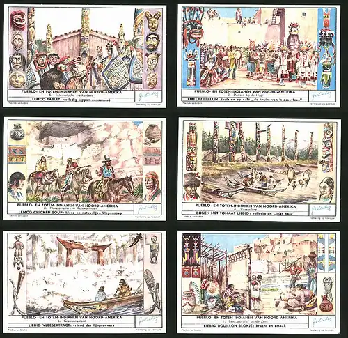 6 Sammelbilder Liebig, Serie Nr. 1642: Pueblo-en Totem-Indianen van Noord-Amerika, Grafmonument, Vissersdorp