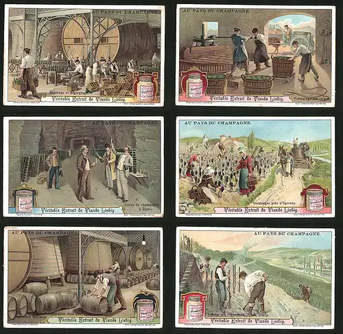 6 Sammelbilder Liebig, Serie Nr. 1062: Au Pays du Champagne, Vendanges prés d`Epernay, Reims, Bouchage et dègorgeage