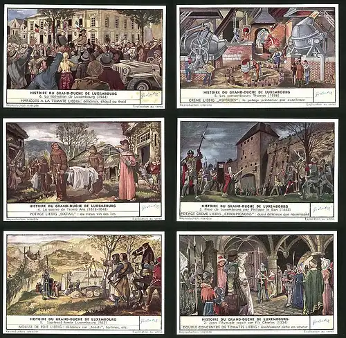 6 Sammelbilder Liebig, Serie Nr. 1551: Histoire du Grand-Duche de Luxembourg, Sigefroid fonde Luxembourg, Krieg