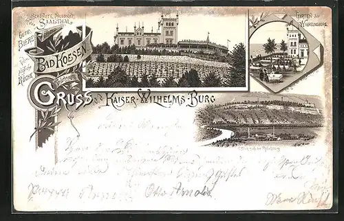 Vorläufer-Lithographie Bad Koesen, 1892, Kaiser-Wilhelms-Burg mit Garten und Flusspartie