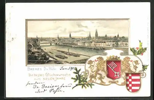 Passepartout-Lithographie Bremen, Gesamtansicht mit Weserpartie und Kirchen, Wappen
