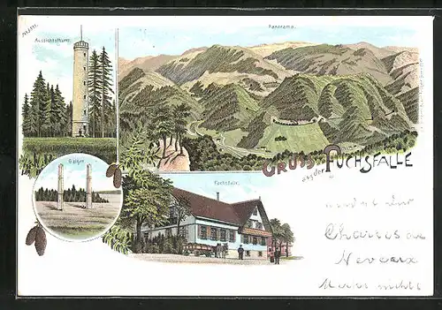 Lithographie Triberg, Gasthaus Fuchsfalle mit Aussichtsturm und Panorama