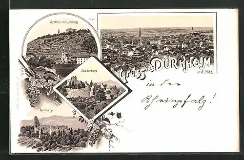 Lithographie Dürkheim a. d. Hdt., Stadtansicht, Hardenburg, Grethen mit Limburg