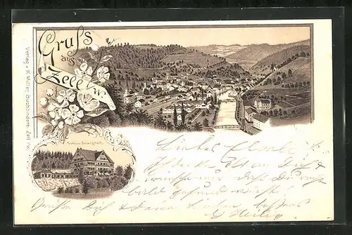 Lithographie Zell i/W., Gesamtansicht & Kurhaus Schweigmatt