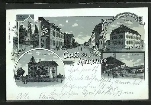 Mondschein-Lithographie Appenweier, Villa Siebert, Bahnhof, Rathaus
