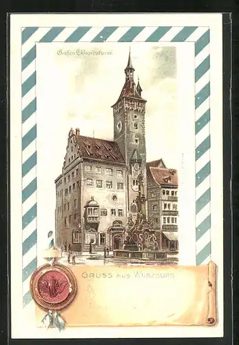 Lithographie Würzburg, am Grafen Ekkardsturm