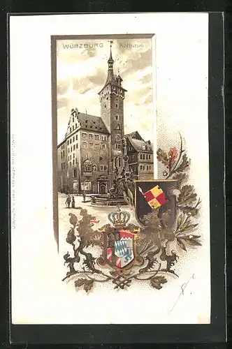 Passepartout-Lithographie Würzburg, Rathaus und Wappen
