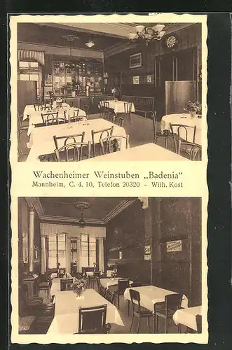 AK Mannheim, Gasthaus Weinstuben Badenia, Inh. Wilh. Kost, Innenansichten