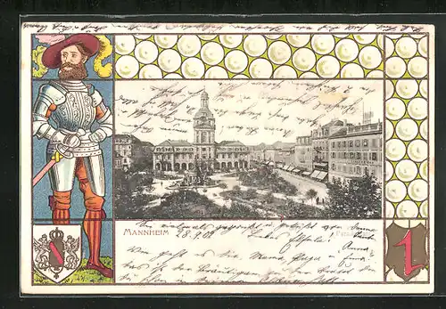 Passepartout-Lithographie Mannheim, Gesamtansicht vom Stadtplatz, Ritter und Wappen